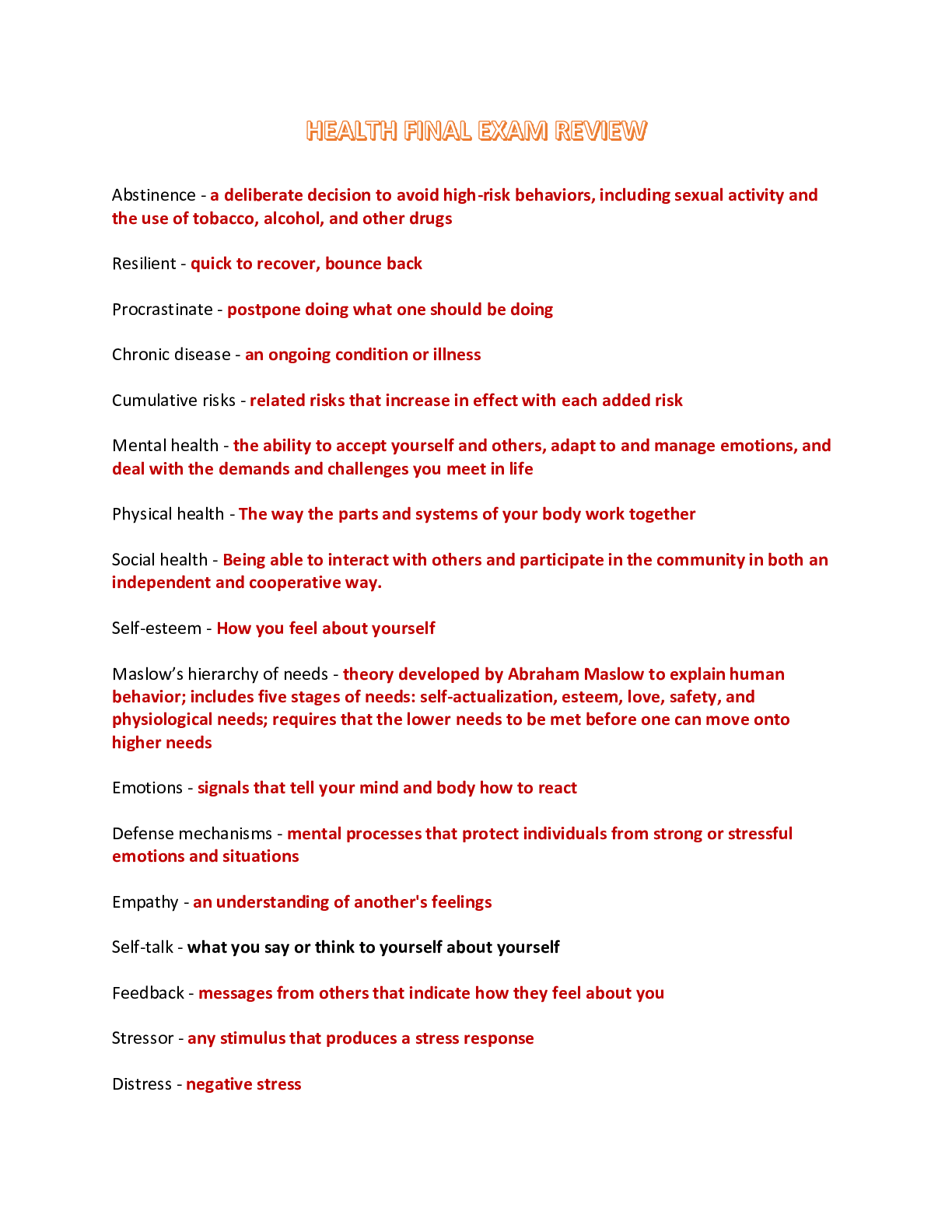 Preview image of HEALTH FINAL EXAM REVIEW document